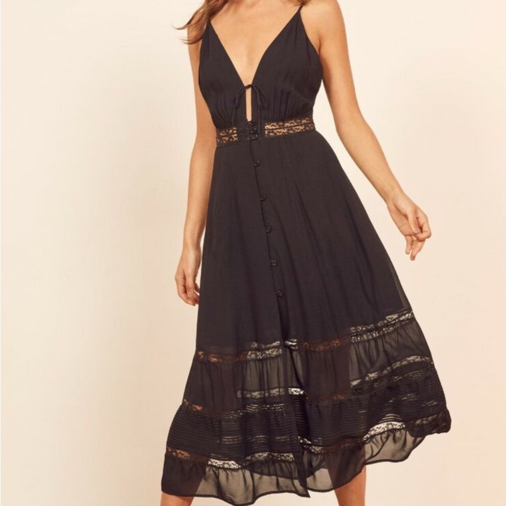 Reformation Shelley Black Lace Midi Dress